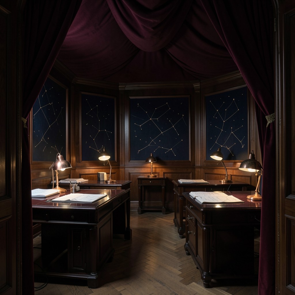 Academy study room with velvet drapes, lacquered desks, and annotated chart portfolios