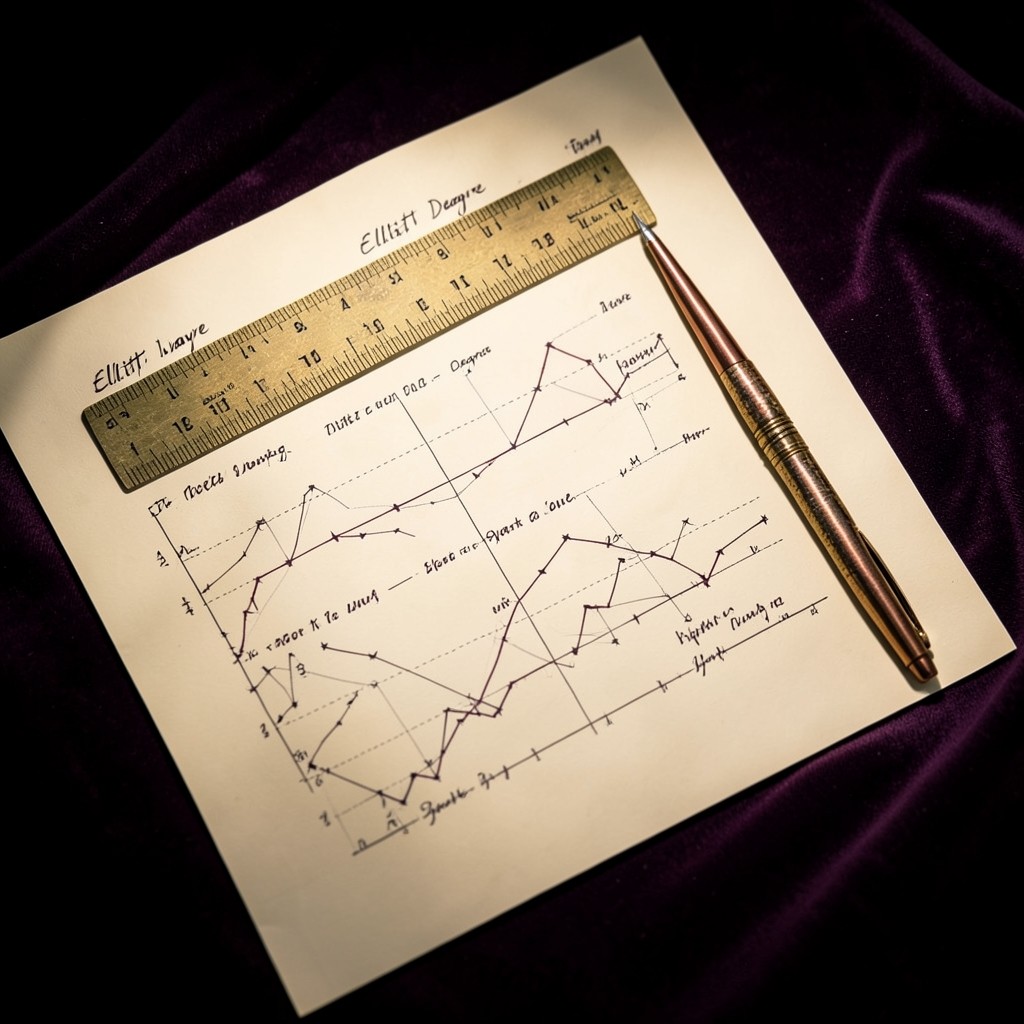 Printed price chart with handwritten Elliott degree labels beside a brass ruler