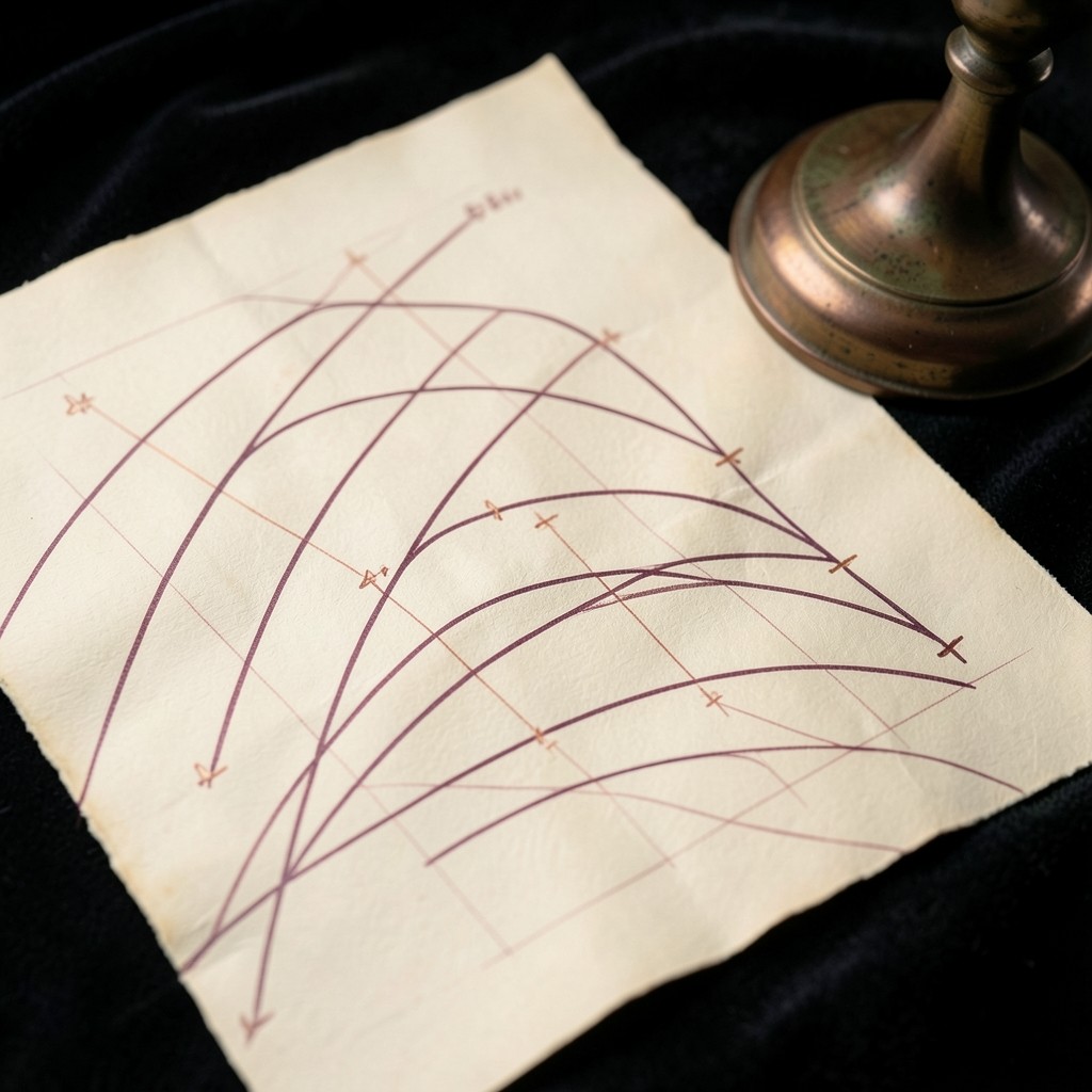 Overlapping corrective price swings marked in burgundy ink on ivory chart paper