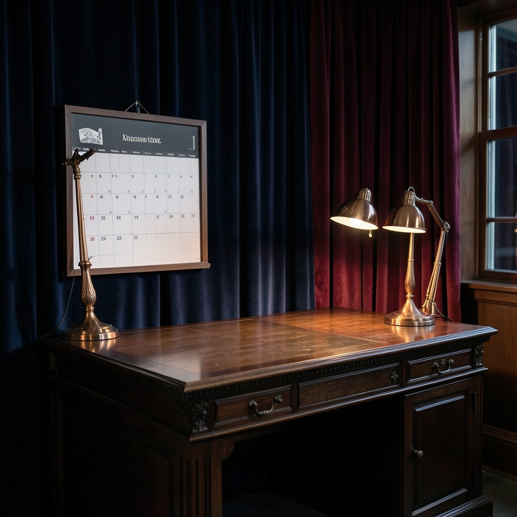 Clinic calendar board beside velvet drapes and copper desk lamps in the annotation room