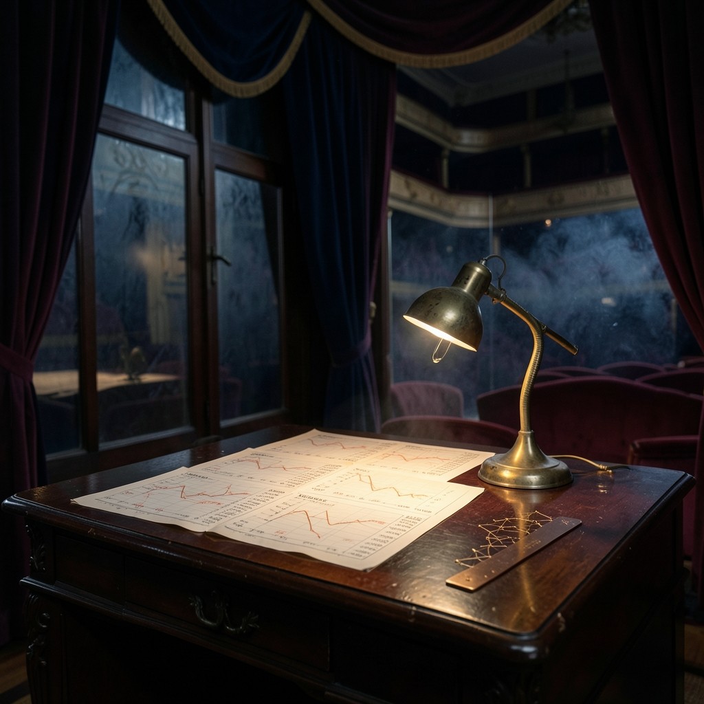Velvet-lit chart desk with annotated Elliott wave sheets and copper instruments