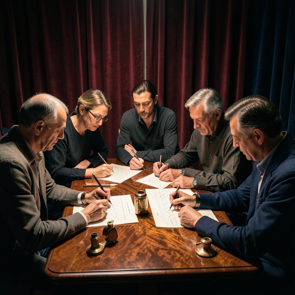 Traders annotating Elliott wave counts on printed chart sheets at a clinic table